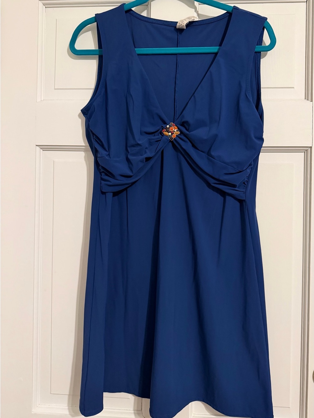 Sleeveless Cobalt Blue Twist-Front Midi Dress with Decorative Accent